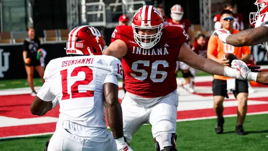 BLOOMINGTON, IN - August 13, 2026 - offensive lineman Joe Brunner #56 of the Indiana Hoosiers during practice at Merchants Bank Field at Memorial Stadium in Bloomington, IN. Photo By Dani Meersman/Indiana Athletics