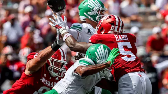 BLOOMINGTON, IN - September 05, 2026 - line backer Rolijah Hardy #5 of the Indiana Hoosiers and defensive lineman Josh Burnham #8 of the Indiana Hoosiers during the game between the North Texas Mean Green and the Indiana Hoosiers at Merchants Bank Field at Memorial Stadium in Bloomington, IN. Photo By Peter Davis/Indiana Athletics
