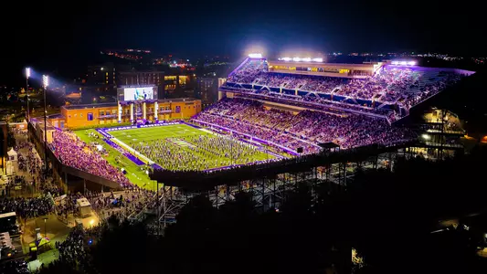 Bridgeforth Stadium night game - Homecoming 2023 aerial shot