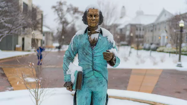 James Madison snowy statue