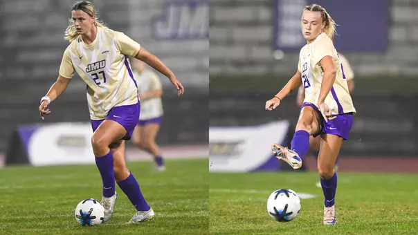 Ginny Lackey and Selma Rajakangas dribble the ball during JMU's match against Louisiana Tech