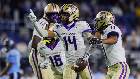 KJ Flowe celebrates after a takeaway aginst ODU