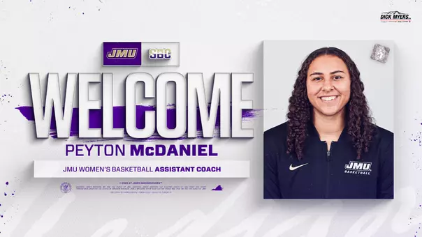 Welcome graphic announcing the hiring of Peyton McDaniel as an assistant coach for women's basketball.