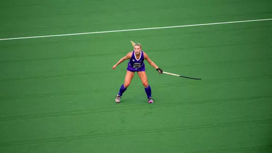 Julie Narleski guarding her space against Miami Ohio at the JMU Field Hockey Complex