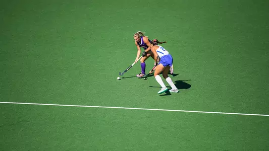 Julie Narleski dribbling in Duke's defensive end of the field at the JMU Field Hockey Complex
