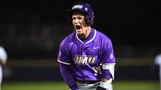 Conner Worth reacting after hitting a two-run single in the seventh inning at Virginia on April 7, 2026.