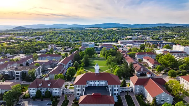 JMU Quad Sunset aerial photo above Wilson Hall looking West taken in the spring of 2026