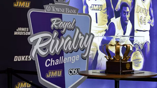TowneBank Royal Rivalry Trophy on display at a JMU-ODU women's basketball game