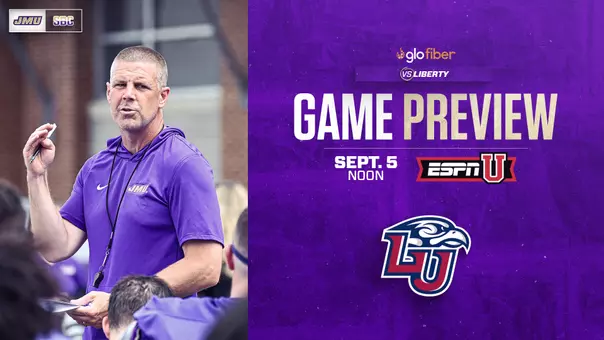 Football game preview graphic for JMU's home matchup against Liberty on Sept. 5 at noon.