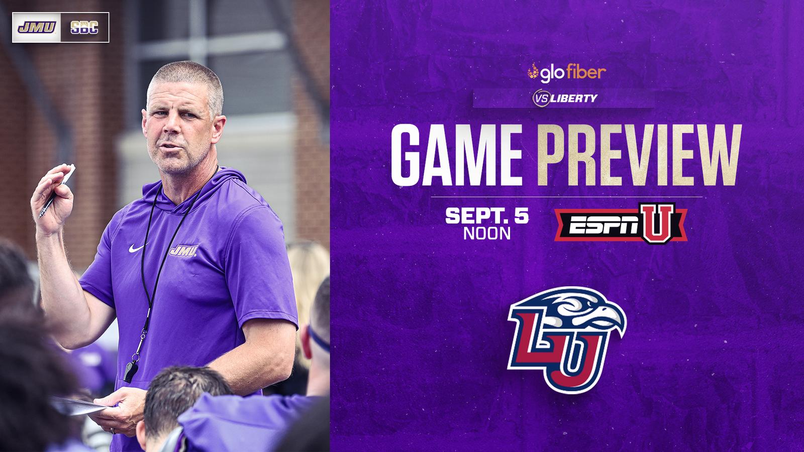 Football game preview graphic for JMU's home matchup against Liberty on Sept. 5 at noon.