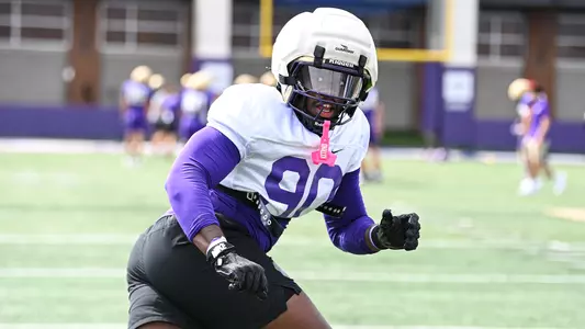 Cory Simon participates in a drill during a JMU football practice