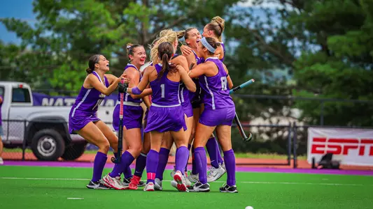 Dukes celebrate after Brynna Hill's game-tying goal versus No. 14 Liberty on September 6, 2026