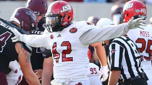 Jacksonville State linebacker Jalen Choice celebrates a sack during the JSU at EKU, OVC football game in Richmond, Kentucky. Photo by Stephen Gross / The Anniston Star