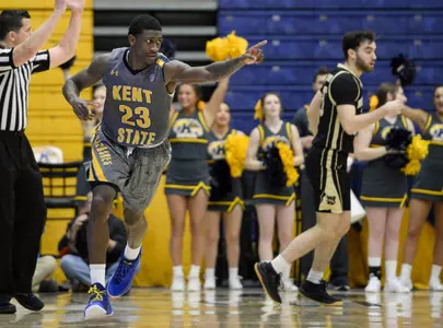 Kent State's Jaylin Walker celebrates after making a three-point shot in the second half of Tuesday's game against Western Michigan at the MAC Center. (NICK CAMMETT/KENT STATE UNIVERSITY)