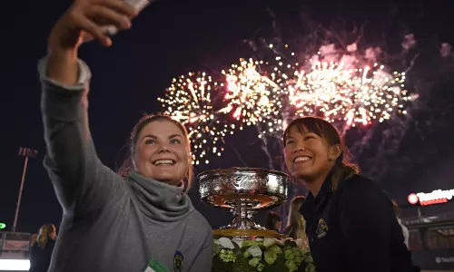 Michaela Finn of Sweden, left, and Pimnipa Panthong of Thailand during the Player Welcome Reception for the Augusta National Women's Amateur, Monday, April 1, 2019.