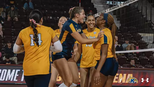 Kent State volleyball players in gold and navy uniforms celebrate together on the court at Central Michigan, smiling and cheering as they gather near the net. A player in a gold #14 jersey stands with her back to the camera in the foreground, while a teammate in a navy jersey leans in with her hand on another player’s shoulder.