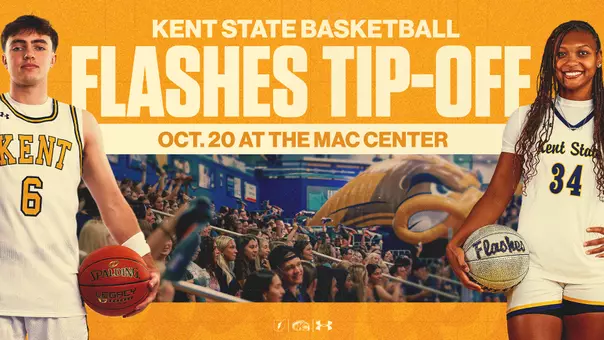Promotional graphic for the "Flashes Tip-Off" Kent State basketball event on Oct. 20 at the M.A.C. Center, featuring a men's player (#6) and a women's player (#34) holding basketballs.