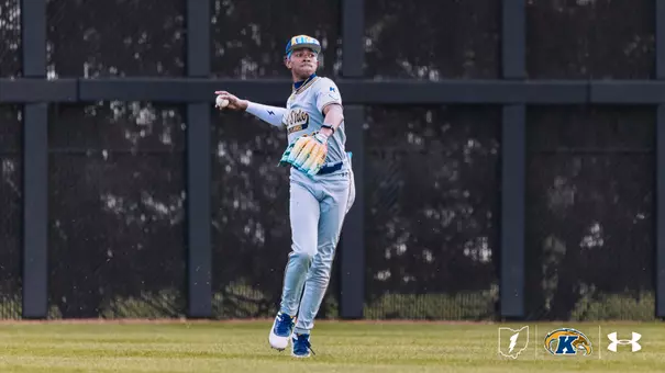 A Kent State University baseball player in a gray road uniform with ‘Flashes’ across the chest winds up to throw the ball from the outfield. The player wears a blue cap, a colorful glove, and blue cleats. A green warning track and dark outfield wall are visible in the background. The Kent State ‘K’ logo and Under Armour logo appear in the bottom right corner.