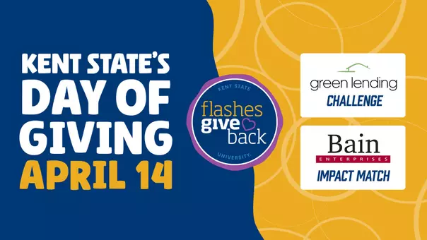 A promotional graphic for Kent State University's Day of Giving on April 14, featuring the "Flashes Give Back" circular logo at center on a navy blue and gold background. Bold white and gold text on the left reads "Kent State's Day of Giving April 14." To the right, two sponsor logos are displayed — the Green Lending Challenge and the Bain Enterprises Impact Match — indicating matching gift opportunities available during the fundraising event.