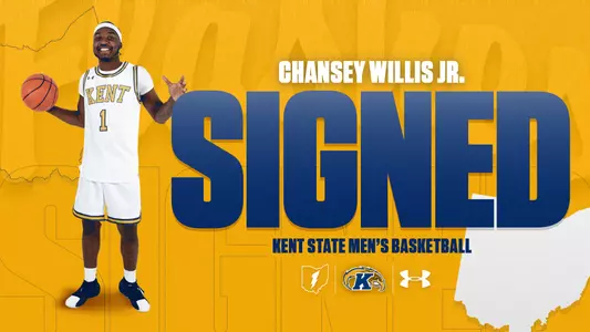 Kent State Men's Basketball signing announcement graphic for Chansey Willis Jr. A gold background features Willis Jr. in a white Kent number 1 uniform, smiling and gesturing with one hand while holding a basketball in the other. A white outline of the state of Ohio appears in the lower right. Text reads 'Chansey Willis Jr. – Signed – Kent State Men's Basketball.' The Ohio Flash, Kent State Golden Flashes, and Under Armour logos appear in the center right.