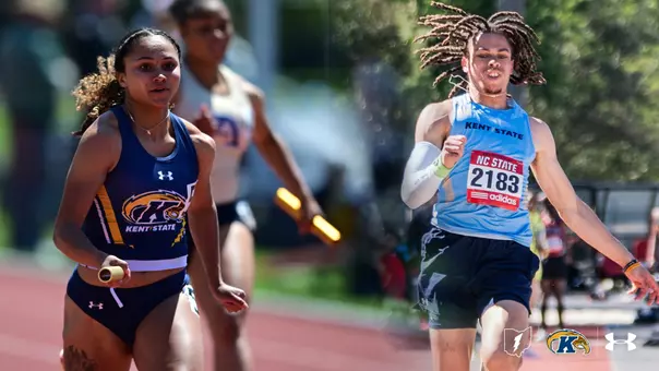 A composite photo of two Kent State University track and field athletes competing at the Raleigh Relays in March 2026. On the left, a female athlete in a navy and gold Kent State Under Armour uniform runs on a red track while holding a relay baton, with competitors visible behind her. On the right, a male athlete with locs, wearing a light blue Kent State jersey and bib number 2183, sprints at the NC State Adidas-sponsored meet. The Kent State logo, Ohio outline, and Under Armour logo appear in the lower right corner.