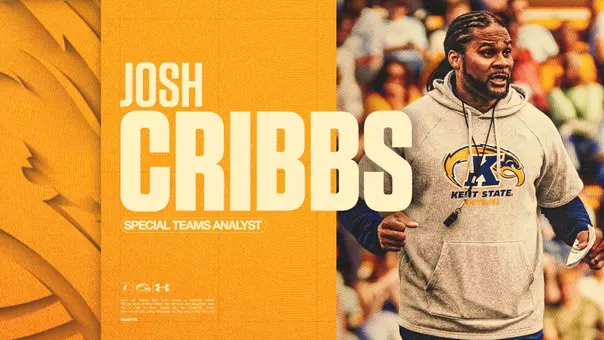 Coaching announcement graphic featuring 'Josh Cribbs – Special Teams Analyst' in large cream and gold text on an orange and gold background at left, alongside an action photo of Cribbs on the sideline wearing a gray Kent State Football hoodie with the Golden Flashes logo, with a crowd visible behind him and the Kent State lightning bolt, Golden Flashes, and Under Armour logos at lower left.