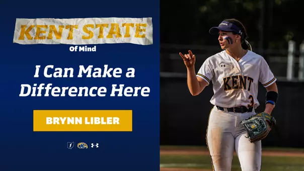 Kent State of Mind interview series thumbnail featuring Brynn Libler, Kent State softball player number 3, standing on the field in her white Kent State uniform with eye black and a navy visor. The text reads 'Kent State of Mind – I Can Make a Difference Here – Brynn Libler,' alongside the Kent State, Flash, and Under Armour logos.