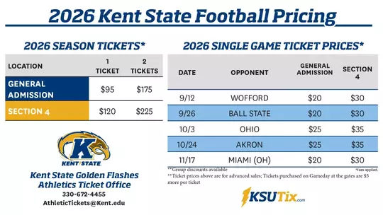 Kent State football ticket pricing chart for 2026 season tickets and single game tickets, listing prices by location and opponent, with contact info at the bottom.