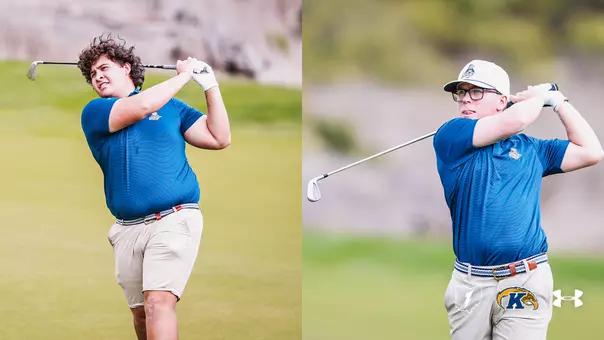 A two-panel composite of Kent State men's golfers. On the left, Isaiah Ibit watches his shot after a full iron follow-through, wearing a blue Kent State polo and khaki shorts. On the right, Liam Curtis poses at the top of his finish in a matching blue polo, white Kent State hat, and glasses. Both are pictured on the course with a rocky, desert-style background.