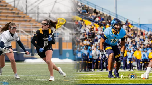 Split-image graphic featuring a Kent State women's lacrosse player in a black 'Flashes' jersey driving past a defender with a yellow lacrosse stick at left, and a Kent State football player wearing No. 17 in a light blue Under Armour jersey in a ready stance with a full stadium crowd behind him at right, with the Kent State lightning bolt, Golden Flashes, and Under Armour logos in the lower right corner.
