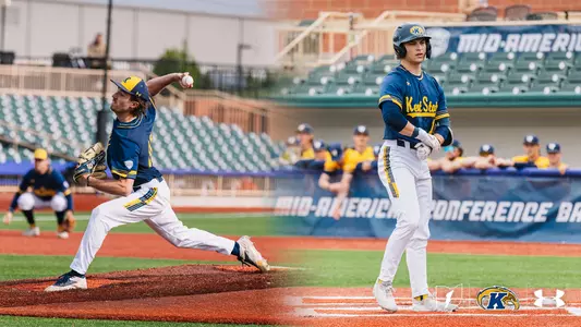 Split-image graphic featuring a Kent State Golden Flashes pitcher extending through his delivery on the mound at left, and a Kent State baserunner in a navy 'Kent State' Under Armour jersey and white pants standing on base at right, with the Mid-American Conference Baseball Tournament signage and the Kent State dugout visible in the background, and the Kent State Golden Flashes and Under Armour logos in the lower right corner.