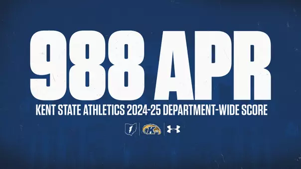 Graphic on a navy blue textured background featuring '988 APR' in large bold white letters with 'Kent State Athletics 2024-25 Department-Wide Score' in smaller white text below, and the Kent State lightning bolt, Golden Flashes, and Under Armour logos centered at the bottom.