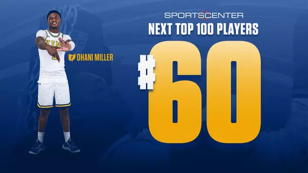 Kent State Men's Basketball award graphic recognizing Dhani Miller as number 60 on the SportsCenter Next Top 100 Players list. A navy blue background features Miller on the left in a white Kent uniform, gesturing toward the camera. A large gold number 60 dominates the right side of the graphic. The SportsCenter Next logo and 'Next Top 100 Players' text appear in the upper right, with Miller's name labeled beside him on the left.