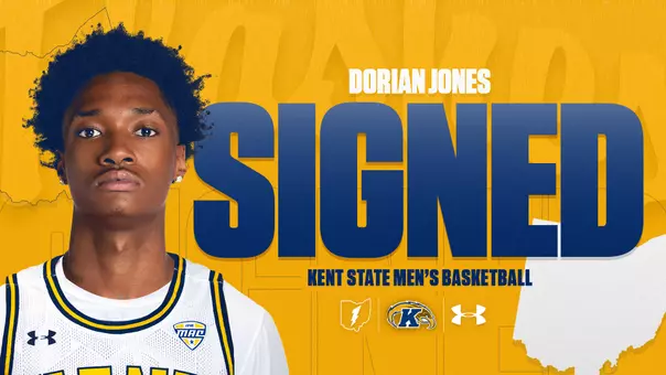 Promotional graphic announcing that Dorian Jones has signed with Kent State Men's Basketball. Jones is pictured on the left side from the chest up, wearing a white Kent State MAC jersey and looking directly at the camera. On the right, his name "Dorian Jones" appears in white text above the word "SIGNED" in large navy blue letters. Below reads "Kent State Men's Basketball." Logos for Ohio (lightning bolt), Kent State (golden eagle "K"), and Under Armour are displayed beneath. A white silhouette of the state of Ohio appears in the lower right corner. The background is gold with a subtle "SIGNED" watermark pattern.