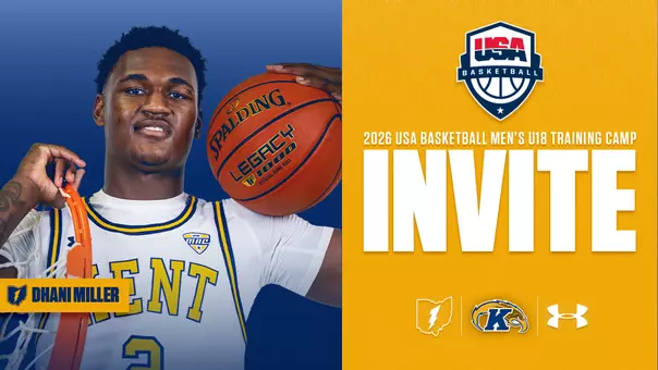 Promotional graphic announcing that Dhani Miller, a Kent State University men's basketball player, has been invited to the 2026 USA Basketball Men's U18 Training Camp. On the left, Miller is pictured in a white Kent State jersey, holding a Spalding basketball and a net. His name appears in a gold banner at the bottom left. On the right, a gold background displays the USA Basketball shield logo at the top, the text "2026 USA Basketball Men's U18 Training Camp," and the word "INVITE" in large white letters. Logos for Ohio (lightning bolt), Kent State (golden eagle "K"), and Under Armour appear at the bottom right.