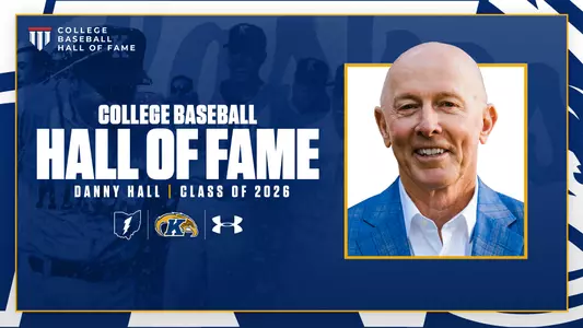 nduction announcement graphic on a navy background featuring the College Baseball Hall of Fame logo at the top left, 'College Baseball Hall of Fame – Danny Hall – Class of 2026' in bold white and gold text, a smiling headshot of Danny Hall in a blue plaid blazer and white shirt at right in a gold-bordered frame, and the Kent State lightning bolt, Golden Flashes, and Under Armour logos below the text.