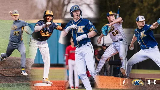 Collage graphic featuring five Kent State Golden Flashes baseball players in action — a pitcher in gray No. 37 delivering from the mound, a player in a navy 'Kent State' jersey celebrating at a base, a batter in a navy 'K' jersey reacting after a hit, and a pitcher in white pinstripes No. 23 firing a throw — with the Kent State lightning bolt, Golden Flashes, and Under Armour logos in the lower right corner.