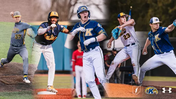Collage graphic featuring five Kent State Golden Flashes baseball players in action — a pitcher in gray No. 37 delivering from the mound, a player in a navy 'Kent State' jersey celebrating at a base, a batter in a navy 'K' jersey reacting after a hit, and a pitcher in white pinstripes No. 23 firing a throw — with the Kent State lightning bolt, Golden Flashes, and Under Armour logos in the lower right corner.