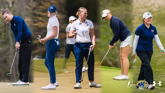Collage graphic featuring five Kent State women's golfers in action on the course — two players putting, one holding a putter and looking back, one chipping, and one smiling while walking — all wearing navy and white Kent State golf attire, with the Kent State lightning bolt, Golden Flashes, and Under Armour logos in the lower right corner.