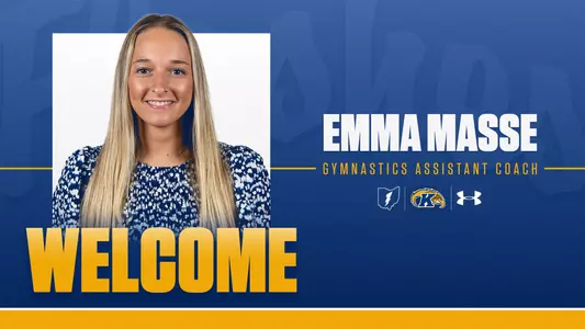 Hire announcement graphic featuring a headshot of Emma Masse smiling with long blonde hair and a blue floral top at left, alongside 'Emma Masse – Gymnastics Assistant Coach' in white and gold text on a navy blue background, with 'Welcome' in large gold letters along the bottom and the Kent State lightning bolt, Golden Flashes, and Under Armour logos centered at right