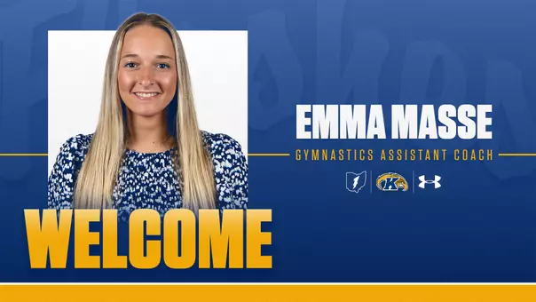 Hire announcement graphic featuring a headshot of Emma Masse smiling with long blonde hair and a blue floral top at left, alongside 'Emma Masse – Gymnastics Assistant Coach' in white and gold text on a navy blue background, with 'Welcome' in large gold letters along the bottom and the Kent State lightning bolt, Golden Flashes, and Under Armour logos centered at right