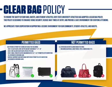 Informational graphic on a navy, gold, and white background outlining Kent State University Athletics' Clear Bag Policy, with sections for permitted bags (clear plastic bag up to 12"×6"×12", one-gallon clear zip-lock bag, or small clutch up to 4.5"×6.5") shown with green checkmarks, and not permitted bags (backpacks, large purses, totes, and camera bags) shown with red X marks, with images of example bags in each category.