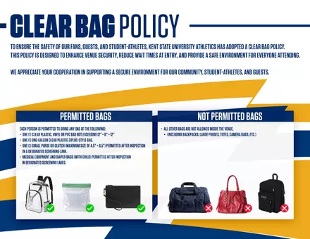 Informational graphic on a navy, gold, and white background outlining Kent State University Athletics' Clear Bag Policy, with sections for permitted bags (clear plastic bag up to 12"×6"×12", one-gallon clear zip-lock bag, or small clutch up to 4.5"×6.5") shown with green checkmarks, and not permitted bags (backpacks, large purses, totes, and camera bags) shown with red X marks, with images of example bags in each category.
