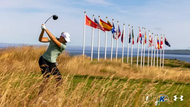 Veronika Kedronova tees off at an international golf tournament with country flags in the background