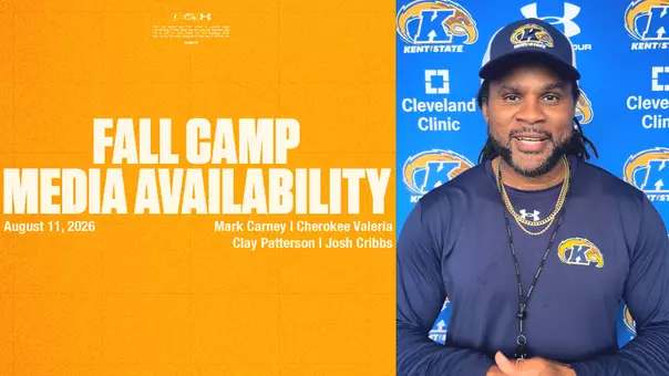 A split-screen graphic for Kent State Football's Media Availability on August 11, 2026. The left side features a bright gold background with event text and four listed names (Mark Carney, Cherokee Valeria, Clay Patterson, Josh Cribbs). The right side shows a smiling coach wearing a navy Kent State long-sleeve shirt and cap in front of a blue branded backdrop.