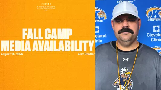 A split-screen graphic for Kent State Football's Media Availability on August 18, 2026. The left side features a textured gold background with text listing Alex Stadler. The right side shows a portrait of a coach with a mustache wearing a white cap and gray t-shirt in front of a blue branded backdrop.