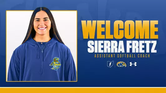 Kent State Golden Flashes graphic welcoming Sierra Fretz as Assistant Softball Coach. Photo of Fretz smiling, wearing a blue Kent State quarter-zip jacket. Text reads 'Welcome Sierra Fretz, Assistant Softball Coach' alongside the Kent State Golden Flashes logo, and Under Armour logo.