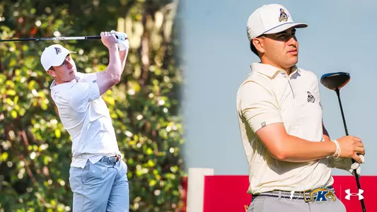 Split photo of two Kent State golfers in white team caps. On the left, Darcy Hogg, in a striped white polo and light blue shorts, mid-swing on a tree-lined course. On the right, Ramiro Acevedo, in a cream striped polo, holding a driver and looking off to the side on the course.