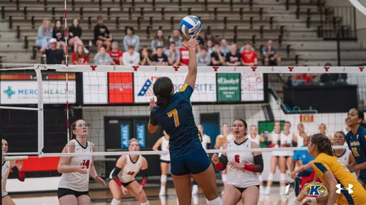 Kent State volleyball player No. 7 leaps at the net to spike the ball during a match against Youngstown State, with opposing blockers No. 14 and No. 6 in white jerseys positioned to defend.