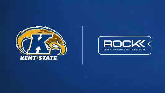 A co-branded graphic on a textured blue background featuring the Kent State Athletics logo on the left and the Rock Entertainment Sports Network logo on the right, separated by a vertical white line.